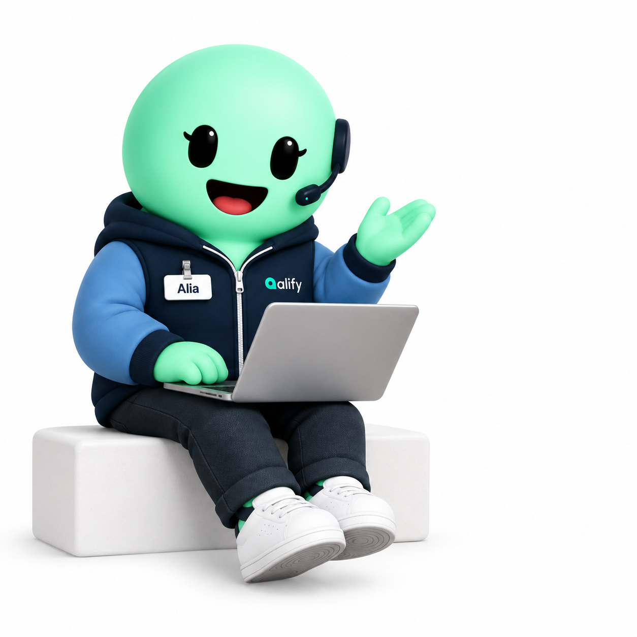Alia, sentada con una laptop, ayuda al equipo