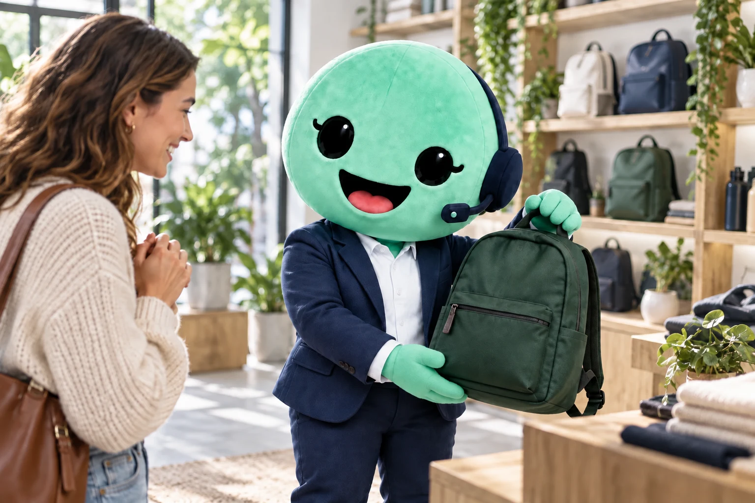 Alia presenta una mochila a una clienta en una tienda