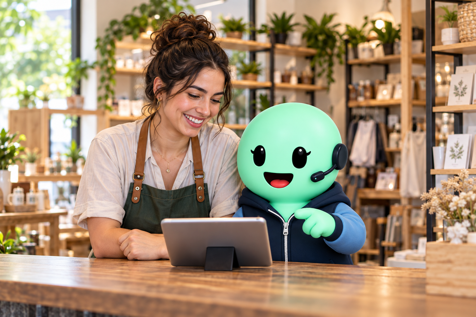 Alia acompaña a la dueña de una tienda mientras revisan su negocio en una tablet