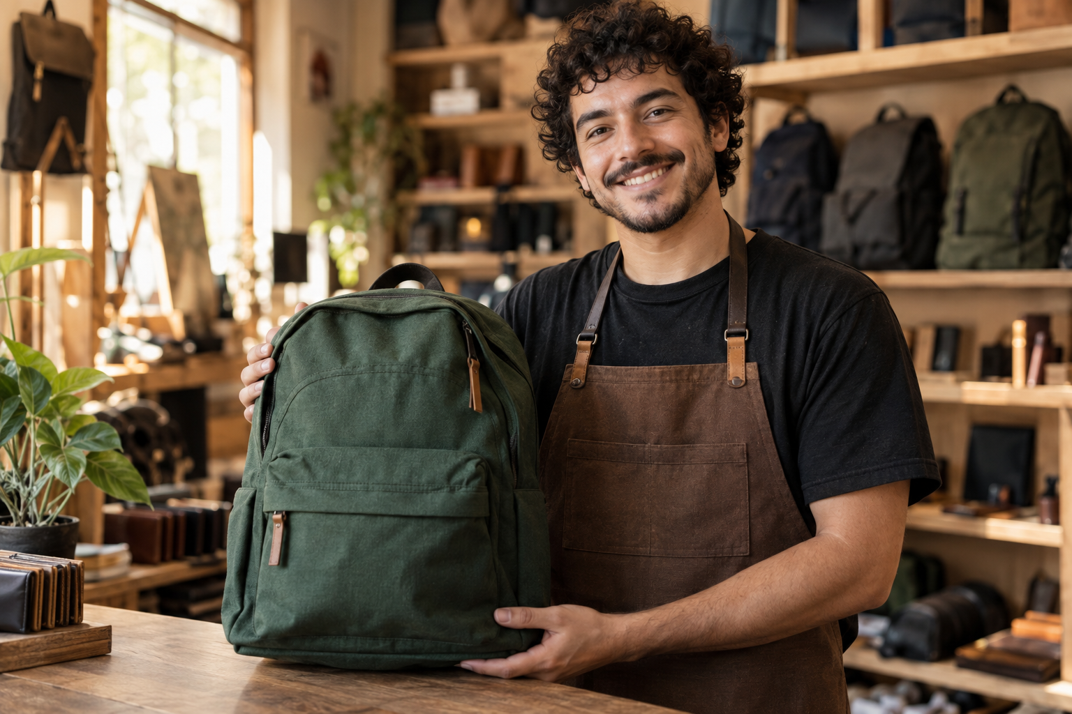 Comerciante mostrando una mochila en su tienda